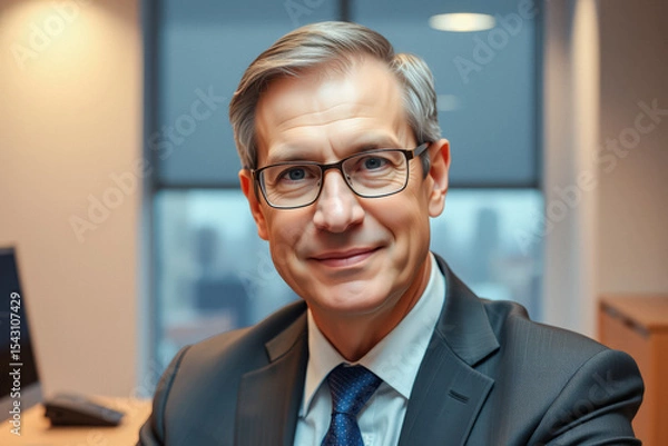 Fototapeta Confident Businessman Smiling in Office Setting