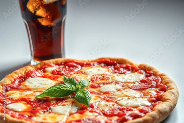 Fototapeta Delicious Pizza with Fresh Basil and Soda