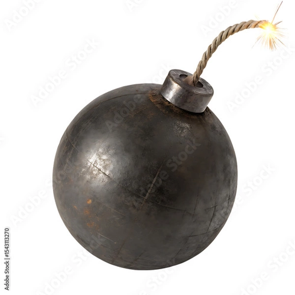 Obraz Illustration of a classic round bomb with lit wick isolated on transparent background