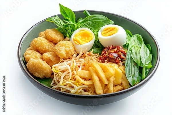 Fototapeta Ohn no khao swe deluxe dish featuring fritters, boiled egg, and fresh herbs, presented on a white background for an enticing culinary experience