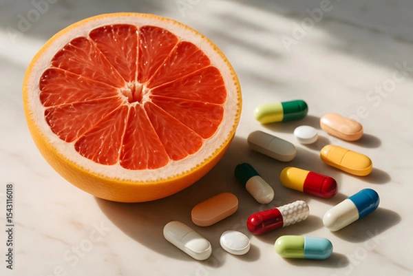Obraz Healthy Fusion: A vivid slice of grapefruit paired with an array of colorful pills, portraying the harmonious blend of natural remedies and modern medicine, symbolizing wellness and health.