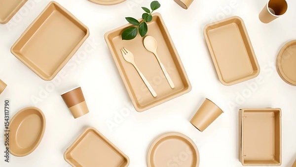 Fototapeta Biodegradable Tableware Set with Wooden Utensils.