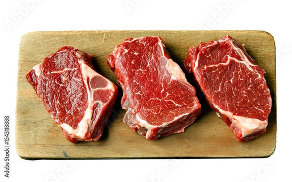 Fototapeta Wooden cutting board with three raw steaks on transparent background