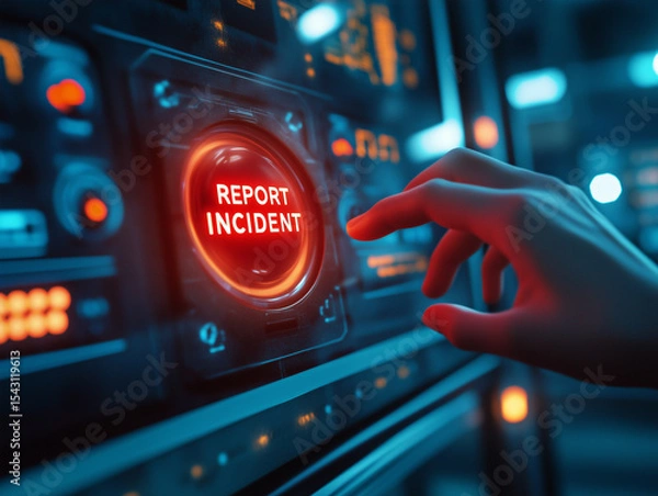 Fototapeta Hand pressing report incident button on futuristic interface