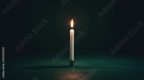 Fototapeta A single white candle with a black base stands on a dark green surface.