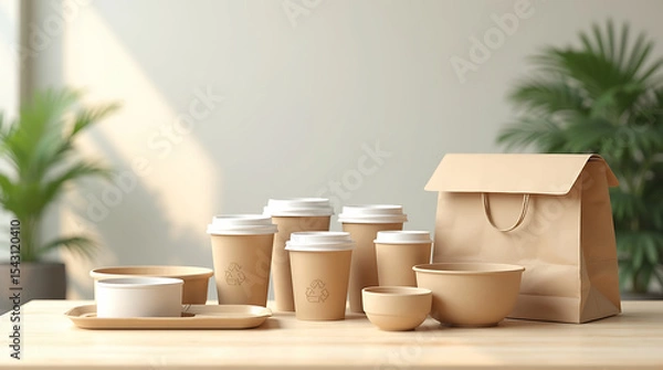 Fototapeta Eco-Friendly Biodegradable Takeout Containers and Cups.