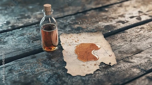 Fototapeta A bottle of amber liquid sits on a weathered map, with a cork stopper and a small amount of liquid spilled onto the map.