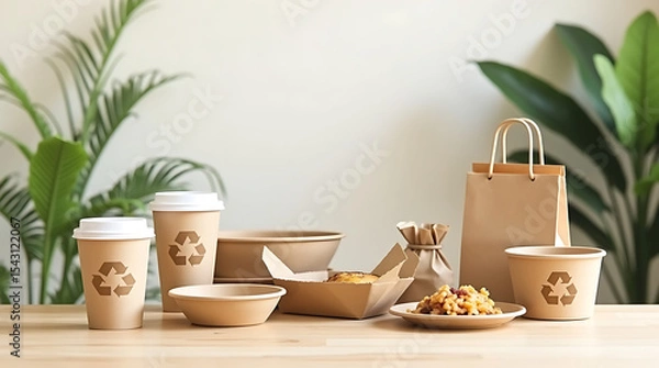 Fototapeta Eco-Friendly Biodegradable Takeout Containers and Cups.