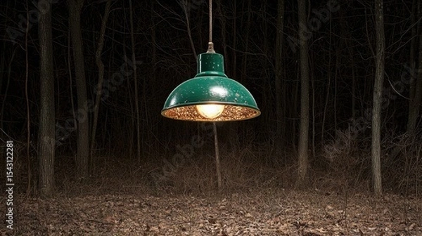 Fototapeta A green lamp hangs from a tree in a forest.