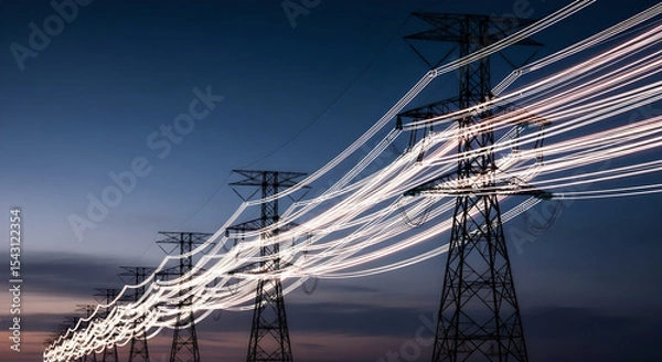 Fototapeta Power lines stretch from towering structure, delivering electricity through grid. High-voltage transmission, energy flow, and utility infrastructure at work