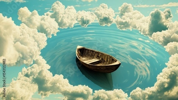 Fototapeta A small wooden boat floats in a vast blue ocean, surrounded by fluffy white clouds.