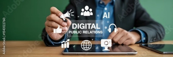Fototapeta Person interacting with a digital interface showing digital public relations concepts.