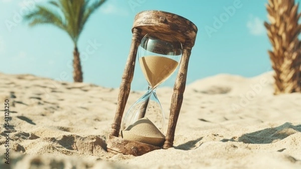 Fototapeta A wooden hourglass on a sandy beach with palm trees in the background.