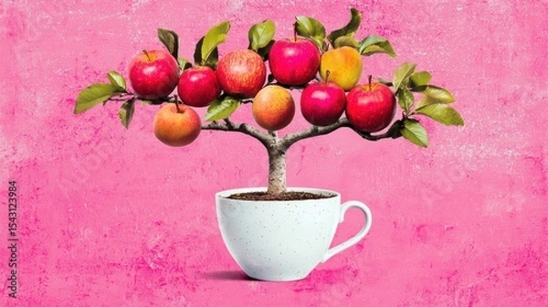 Fototapeta A white cup with a red apple tree growing out of it.