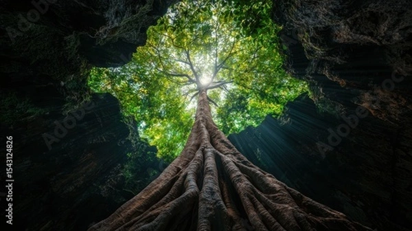 Fototapeta A towering tree with a thick trunk and sprawling roots reaches upwards, its light filtering through the canopy and casting a warm glow on the surrounding cave.