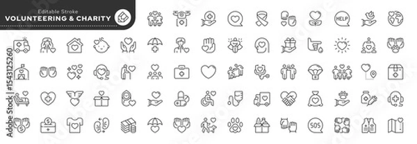 Obraz Volunteering and charity line icon set. Donation, help, support, humanitarian aid, donor, volunteer, community, unity, caring and more. Outline icon in linear style. Vector collection.	
