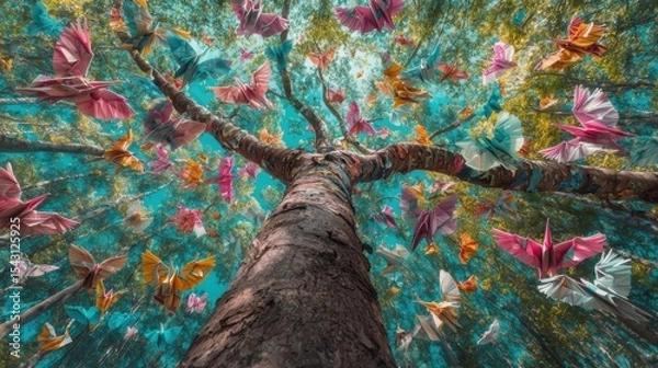 Fototapeta A tree with colorful paper birds in flight.
