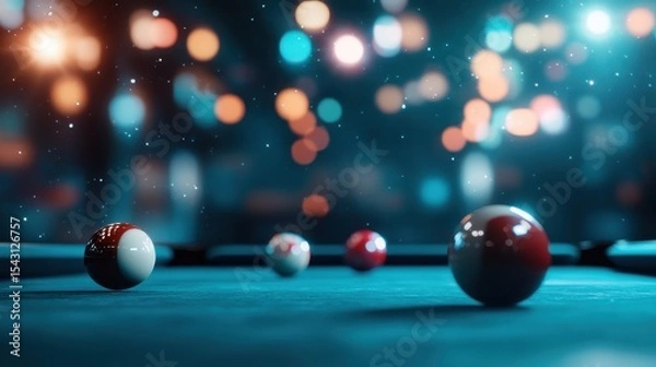 Obraz A creative photograph of billiard balls scattered on a pool table, with colorful bokeh lights creating a captivating atmosphere ideal for game lovers and art enthusiasts.