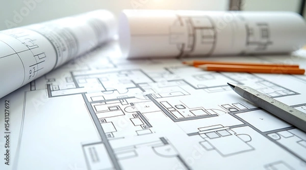Fototapeta Architectural Blueprint with Tools and Pencils.