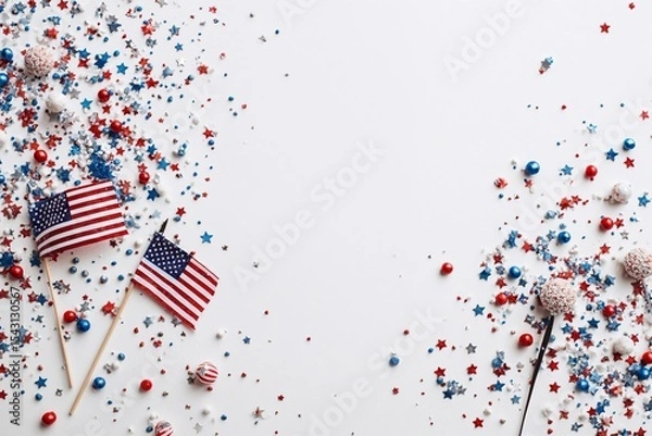 Obraz Flatlay of 4th of July celebration elements, minimal style, small American flag, sparklers, red white and blue confetti, elegant lighting, empty space in the center, white background