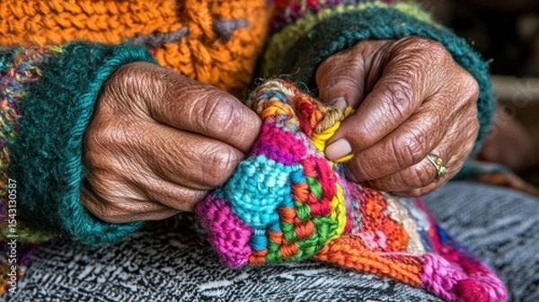 Fototapeta A close up of an elderly woman's hands knitting a colorful blanket.