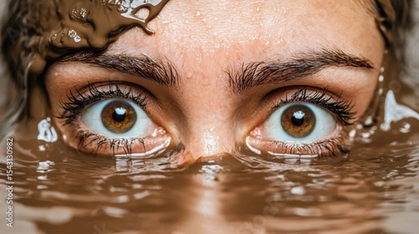 Fototapeta A close-up of a person's face submerged in a muddy substance, with their eyes wide open and looking directly at the camera.