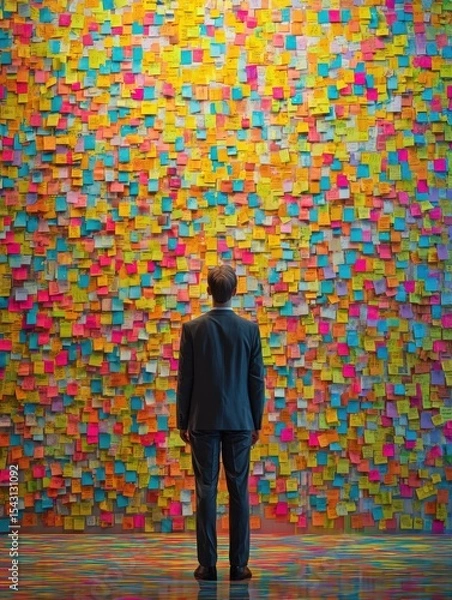 Obraz Man contemplating a wall covered with colorful sticky notes Generative AI image