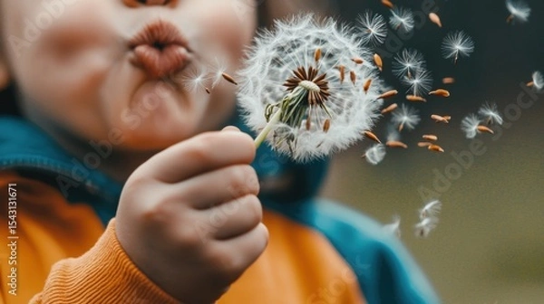 Fototapeta A child blowing a dandelion.