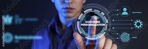 Fototapeta Person interacting with a digital interface displaying customer personalization concepts.