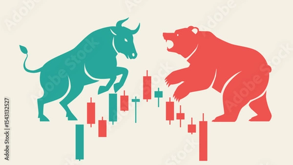 Fototapeta abstract background of flat vector stock market bull and bear and candlestick graph