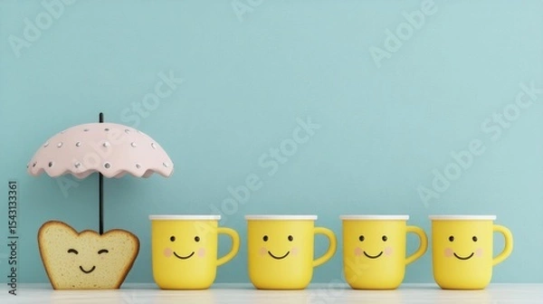 Obraz Cute yellow mugs and bread with umbrella