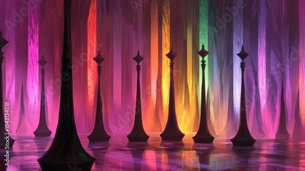 Obraz Dark, glowing forest with tall, dark pillars