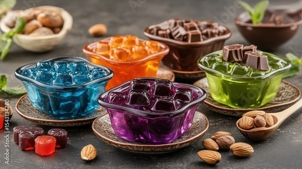 Obraz Colorful, cubed jellies in glass bowls, with nuts and chocolates