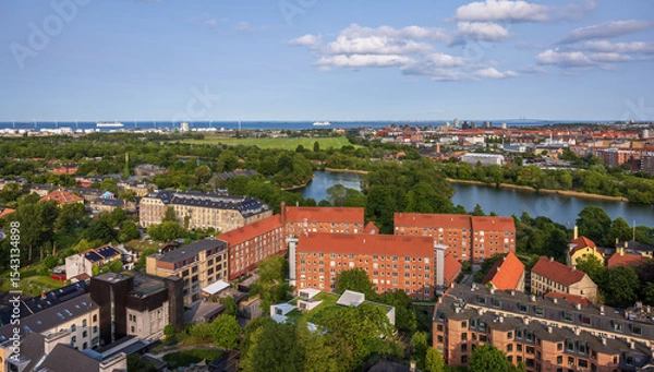 Fototapeta Panoramic view of Copenhagen taken from the top of the Church of Our Saviour, showing a mix of historical rooftops, modern buildings, and city landmarks under a warm evening sky.