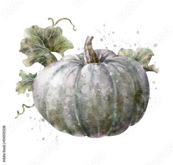 Fototapeta Colorful watercolor pumpkin with leaves. Helloween element. Digital illustration.