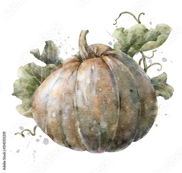 Fototapeta Colorful watercolor pumpkin with leaves. Helloween element. Digital illustration.