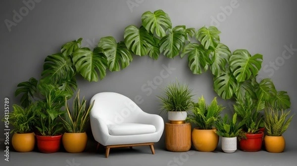 Fototapeta White Chair Amidst Lush Greenery in a Minimalist Setting