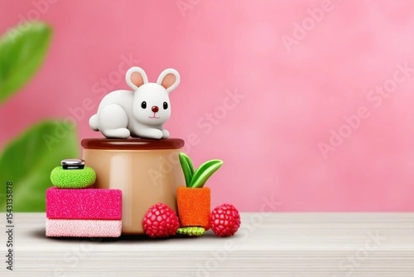 Fototapeta White Rabbit Figurine on a Tan Jar with Colorful Candies and Plants on a Pink Background