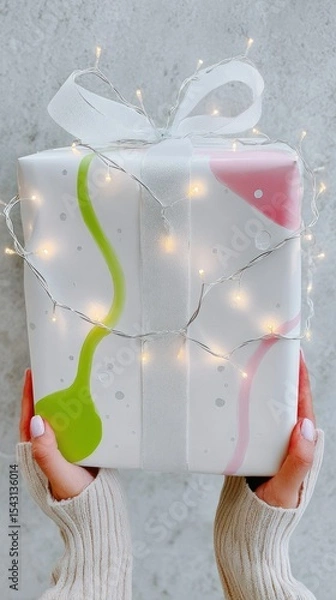 Fototapeta Woman's Hands Holding a Gift Wrapped in Pink and Green Abstract Design with Silver Lights