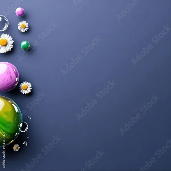 Fototapeta Abstract Colorful Spheres and Daisies on Blue Background