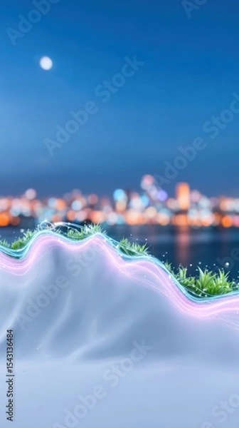 Fototapeta Abstract Data Streams Surging Over Cityscape at Night
