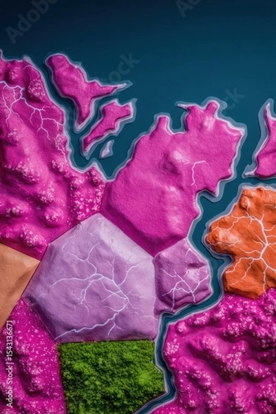 Fototapeta Abstract Geographic Map with Pink and Green Voxel Textures