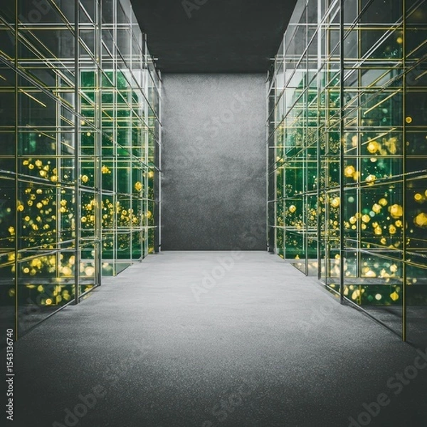 Fototapeta Abstract Geometric Room with Green Glass Grid and Gold Accents