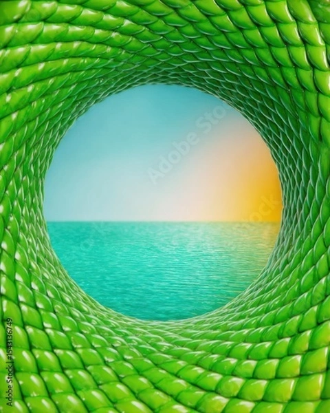 Fototapeta Abstract Green Tunnel Leading to Ocean Sunset