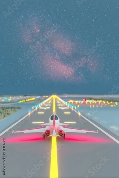 Fototapeta Airplane on Runway at Night Under Starry Sky