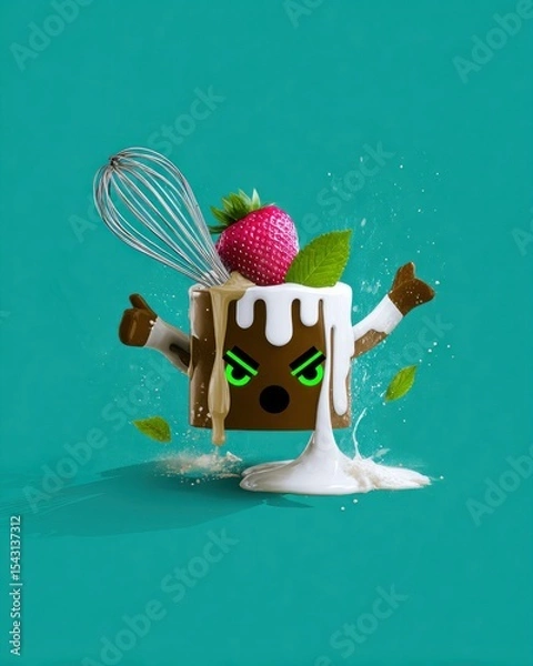 Fototapeta Angry Cartoon Cake Character with Strawberry and Whisk on Teal Background
