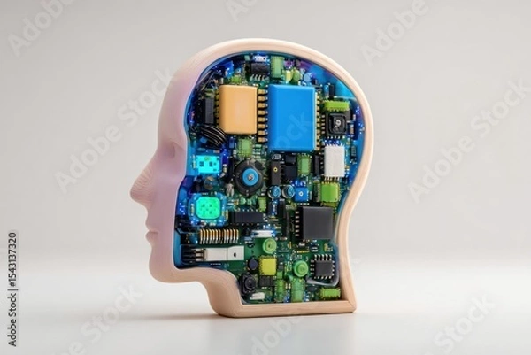 Fototapeta Android Head Internal Mechanisms: Circuit Board Inside a Beige Head Profile