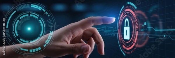 Fototapeta A hand interacts with a digital security interface.