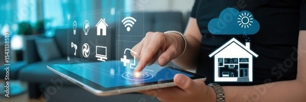 Fototapeta A person interacts with a smart home control interface on a tablet.