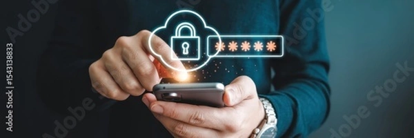 Fototapeta Person using a smartphone with a cloud security lock icon.